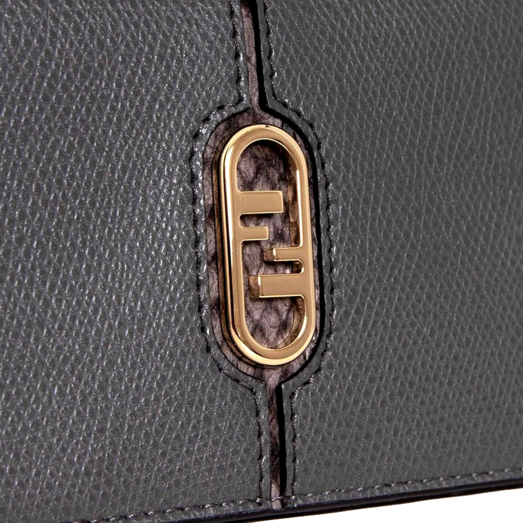 Fendi O'Lock Anthracite Gray and Python Print Leather Snap Continental Wallet available at Queen Bee of Beverly Hills