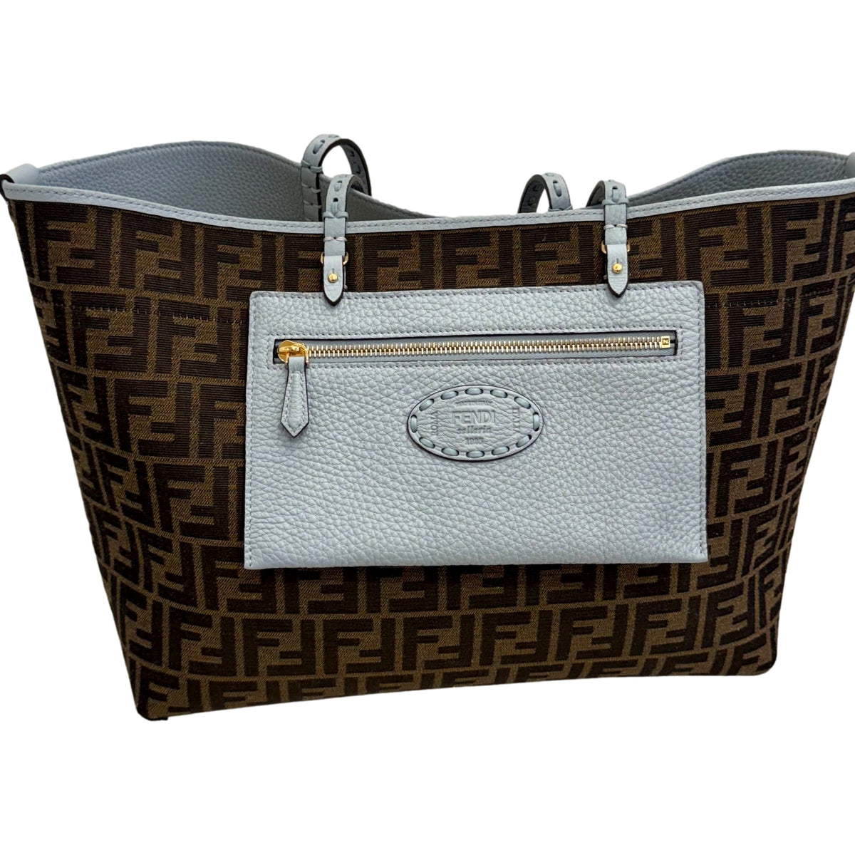 Fendi Reversible FF Canvas and Light Blue Leather Tote Bag - available at Queen Bee of Beverly Hills. 