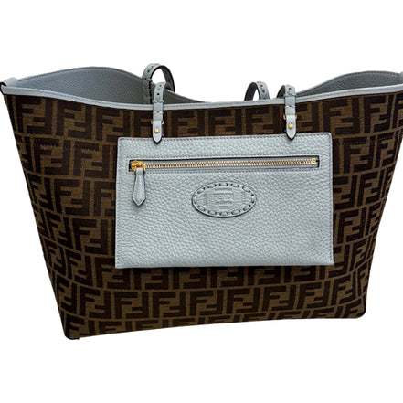 Fendi Reversible FF Canvas and Light Blue Leather Tote Bag - available at Queen Bee of Beverly Hills. 