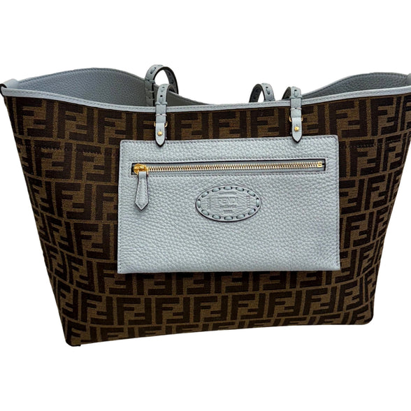 Fendi Reversible FF Canvas and Light Blue Leather Tote Bag - available at Queen Bee of Beverly Hills. 