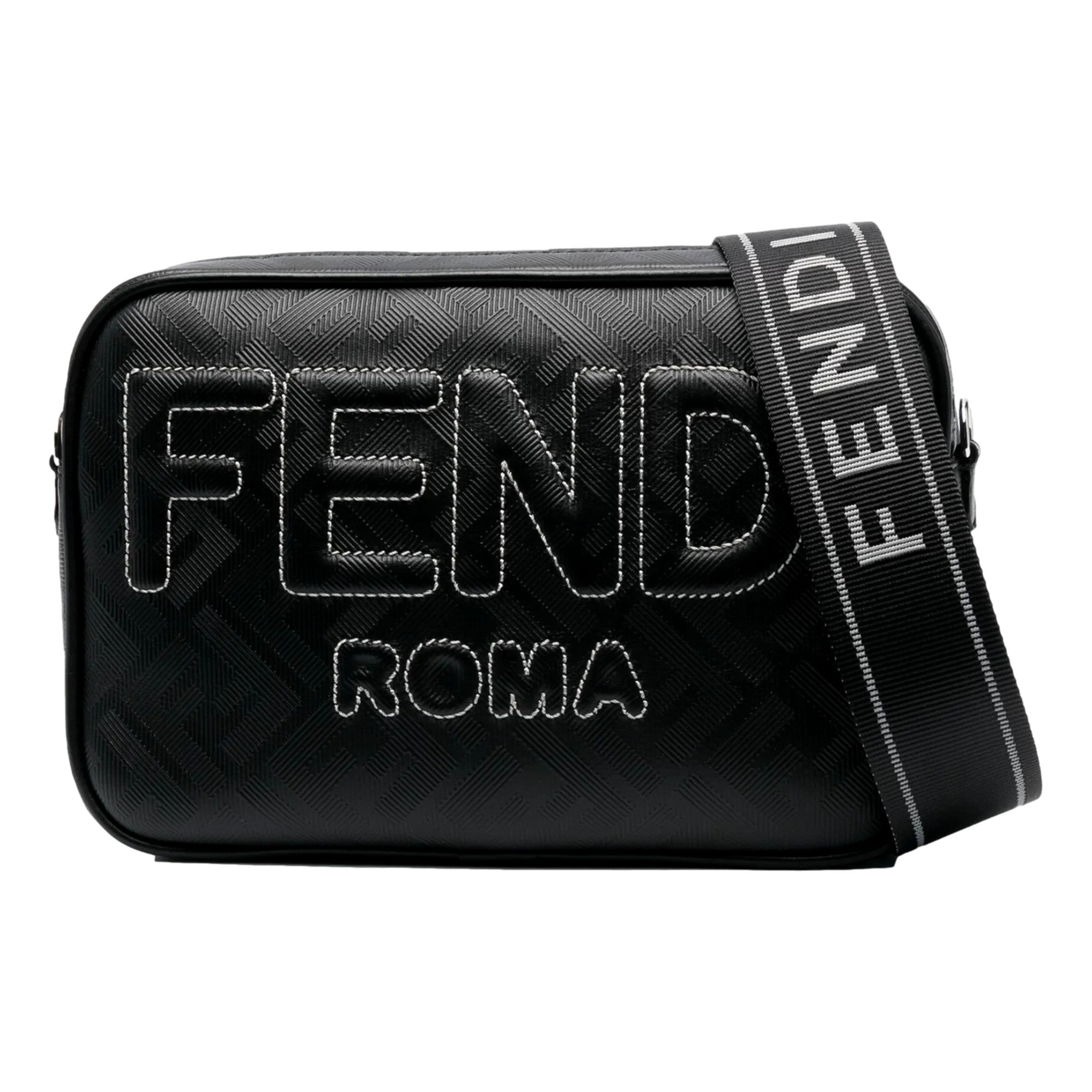 Fendi Roma Black Shadow Leather Canvas  Camera Crossbody Bag available at Queen Bee of Beverly Hills
