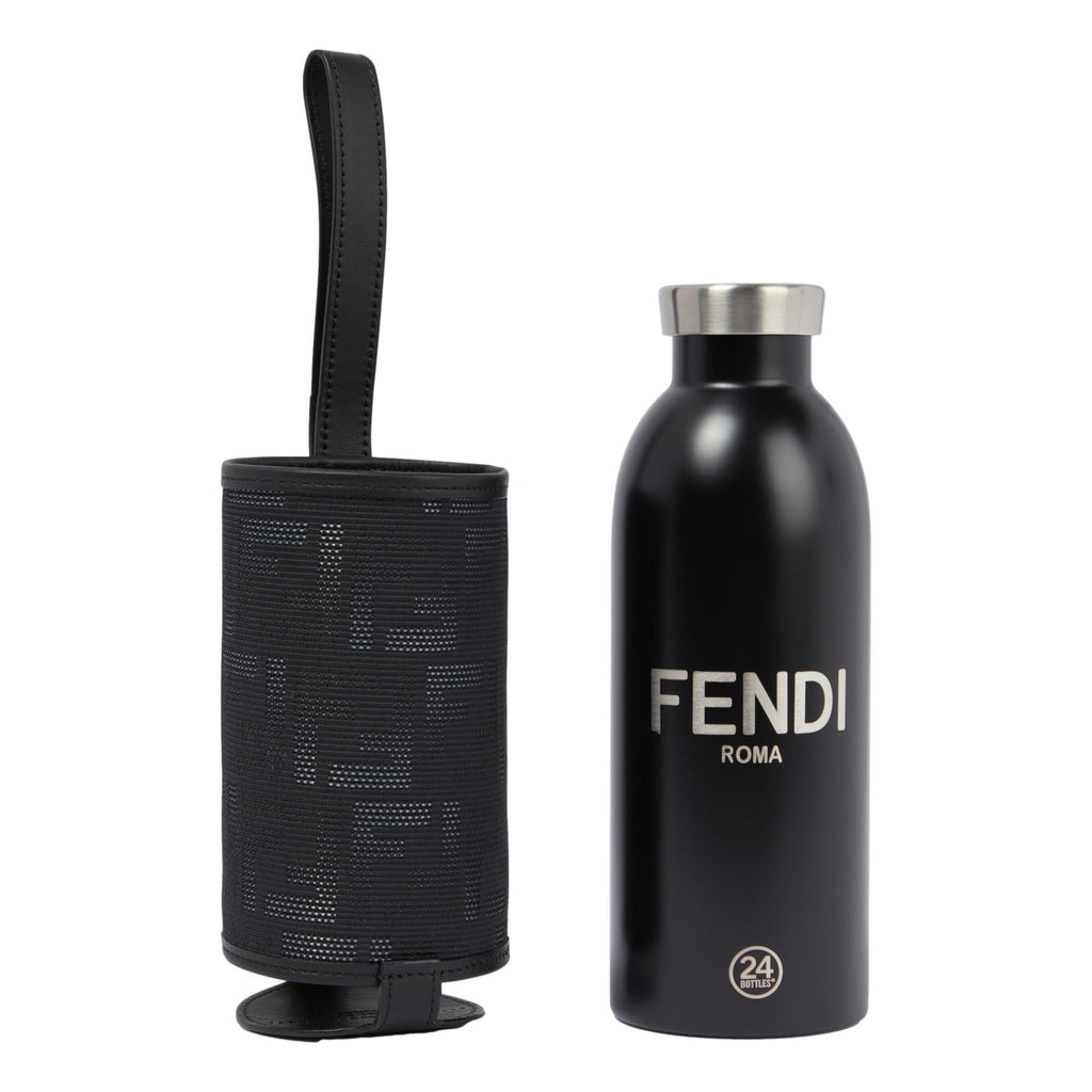 Fendi Roma Black Steel Bottle and FF Woven Canvas Holder Set at_Queen_Bee_of_Beverly_Hills