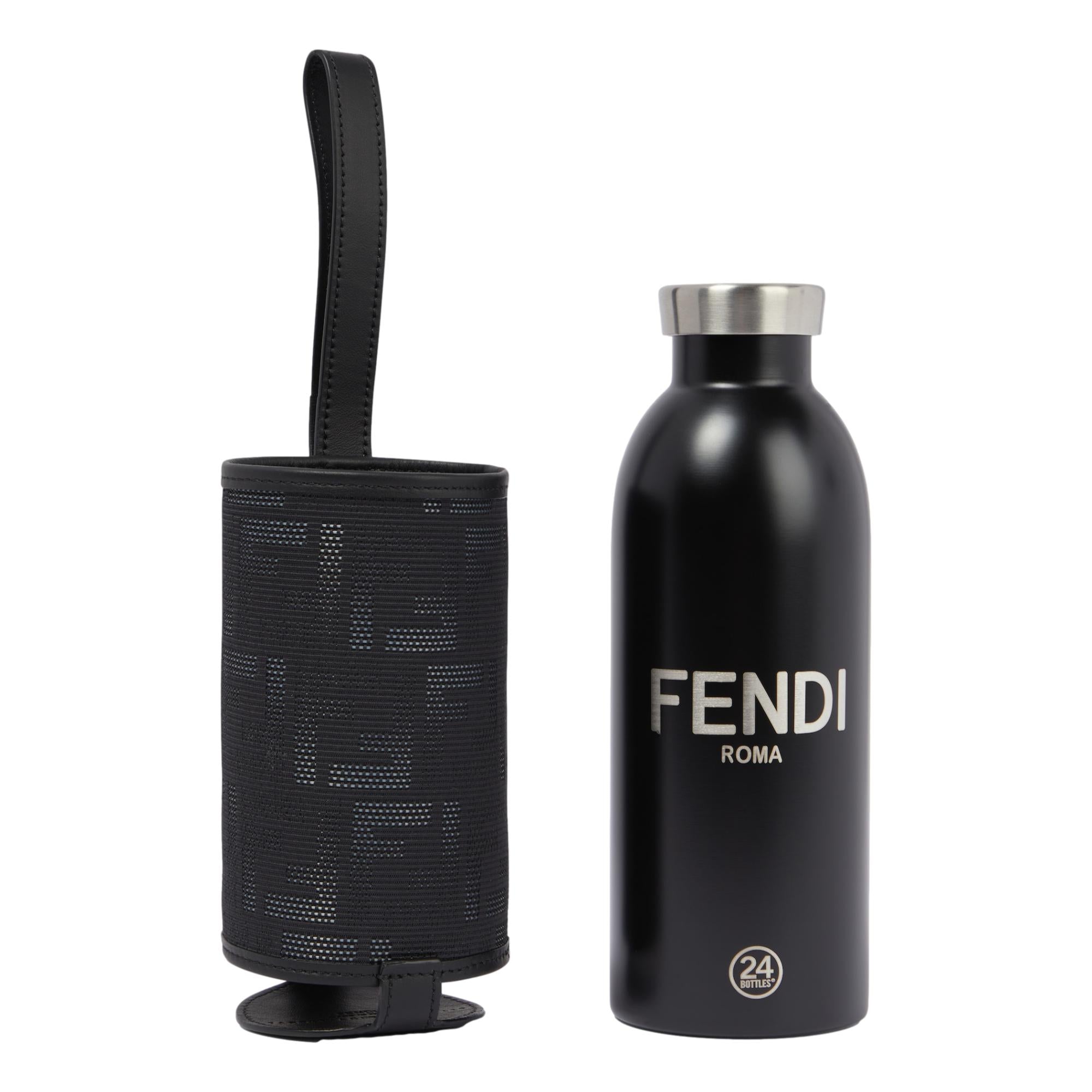 Fendi Roma Black Steel Bottle and FF Woven Canvas Holder Set available at Queen Bee of Beverly Hills