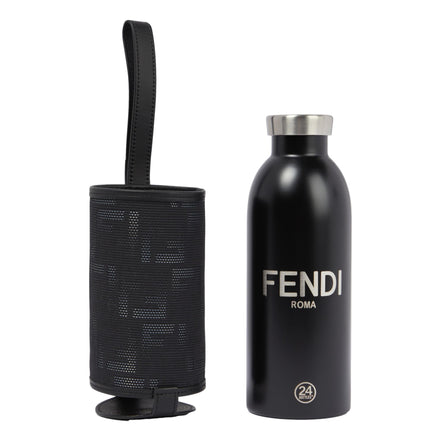 Fendi Roma Black Steel Bottle and FF Woven Canvas Holder Set available at Queen Bee of Beverly Hills