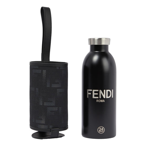 Fendi Roma Black Steel Bottle and FF Woven Canvas Holder Set available at Queen Bee of Beverly Hills