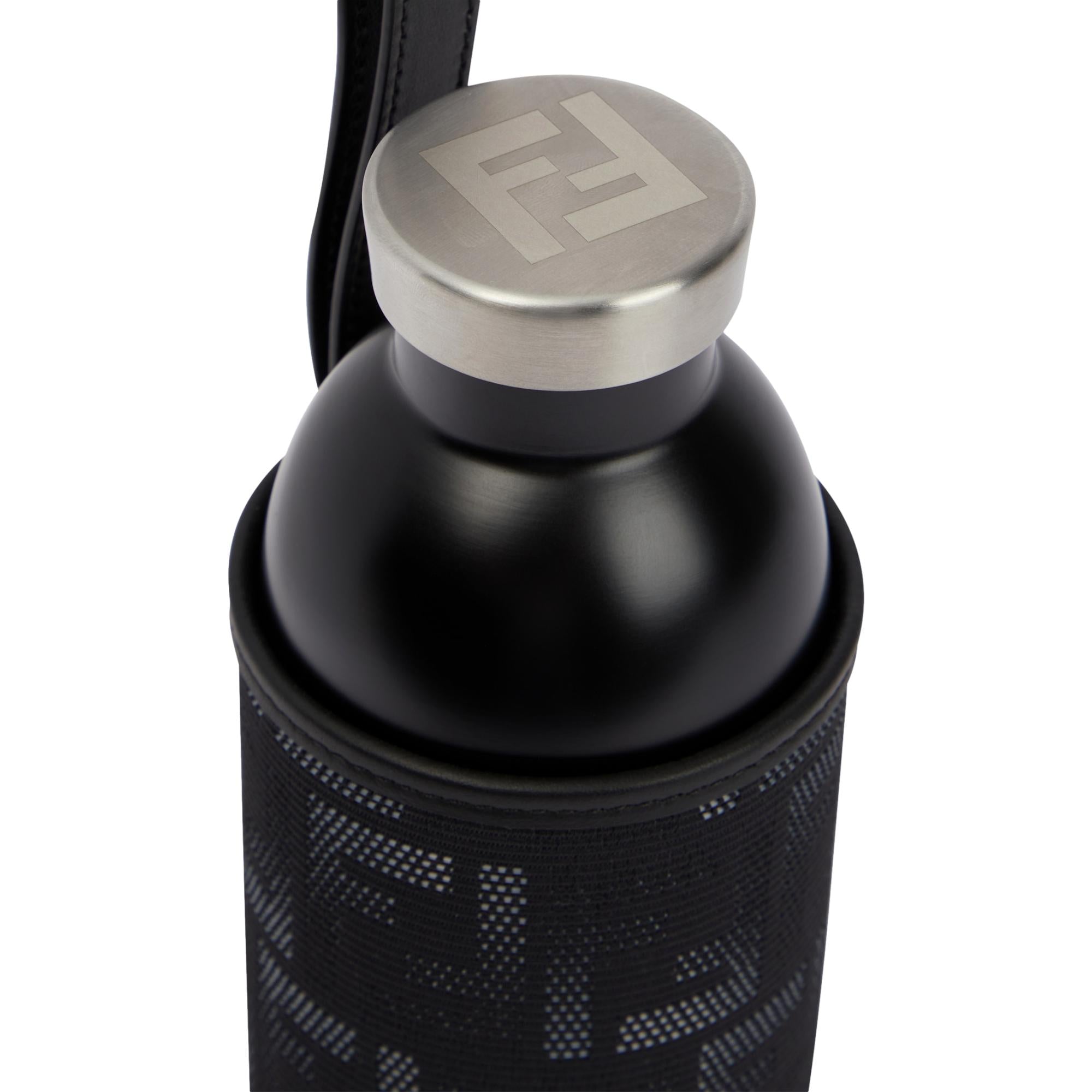 Fendi Roma Black Steel Bottle and FF Woven Canvas Holder Set available at Queen Bee of Beverly Hills
