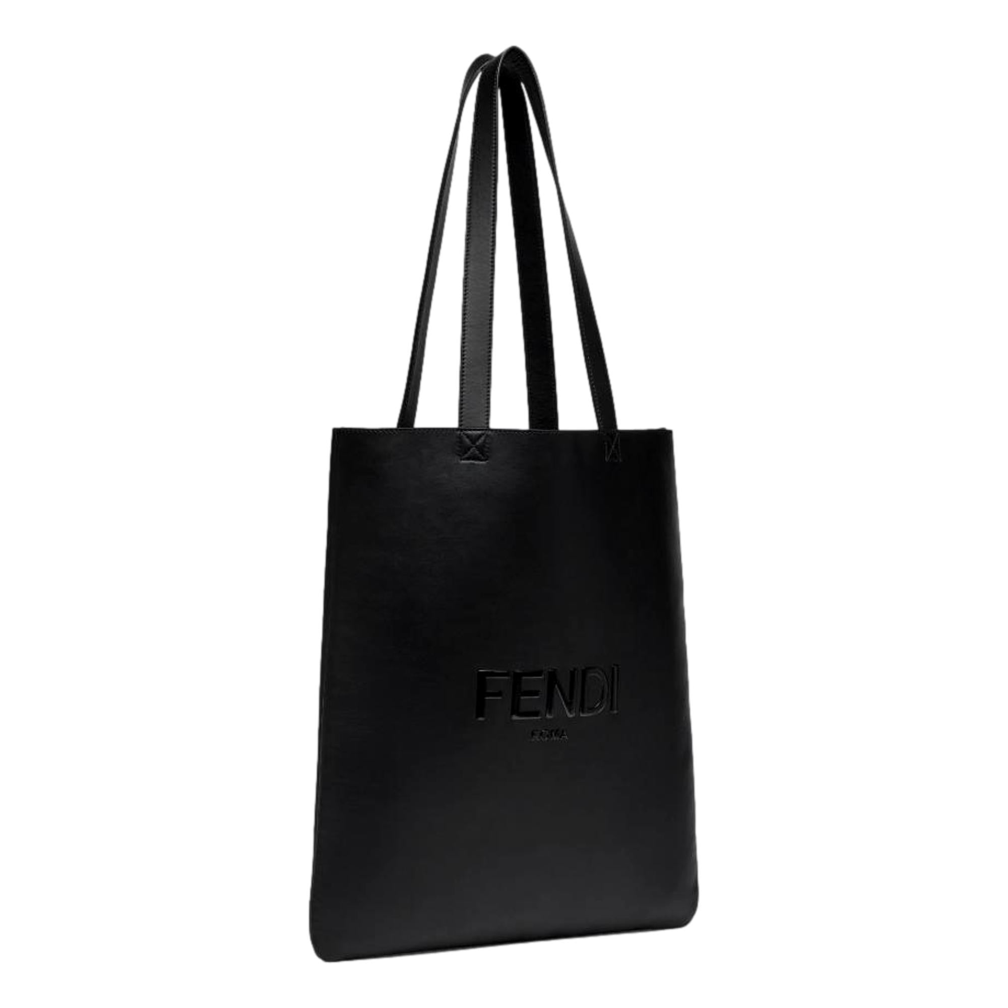 Fendi Roma Embossed Logo Black Calf Leather Large Shopping Tote Bag available at Queen Bee of Beverly Hills