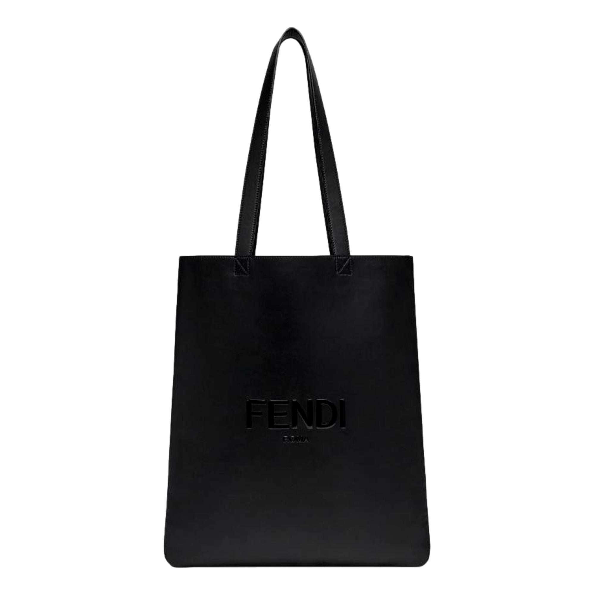 Fendi Roma Embossed Logo Black Calf Leather Large Shopping Tote Bag available at Queen Bee of Beverly Hills