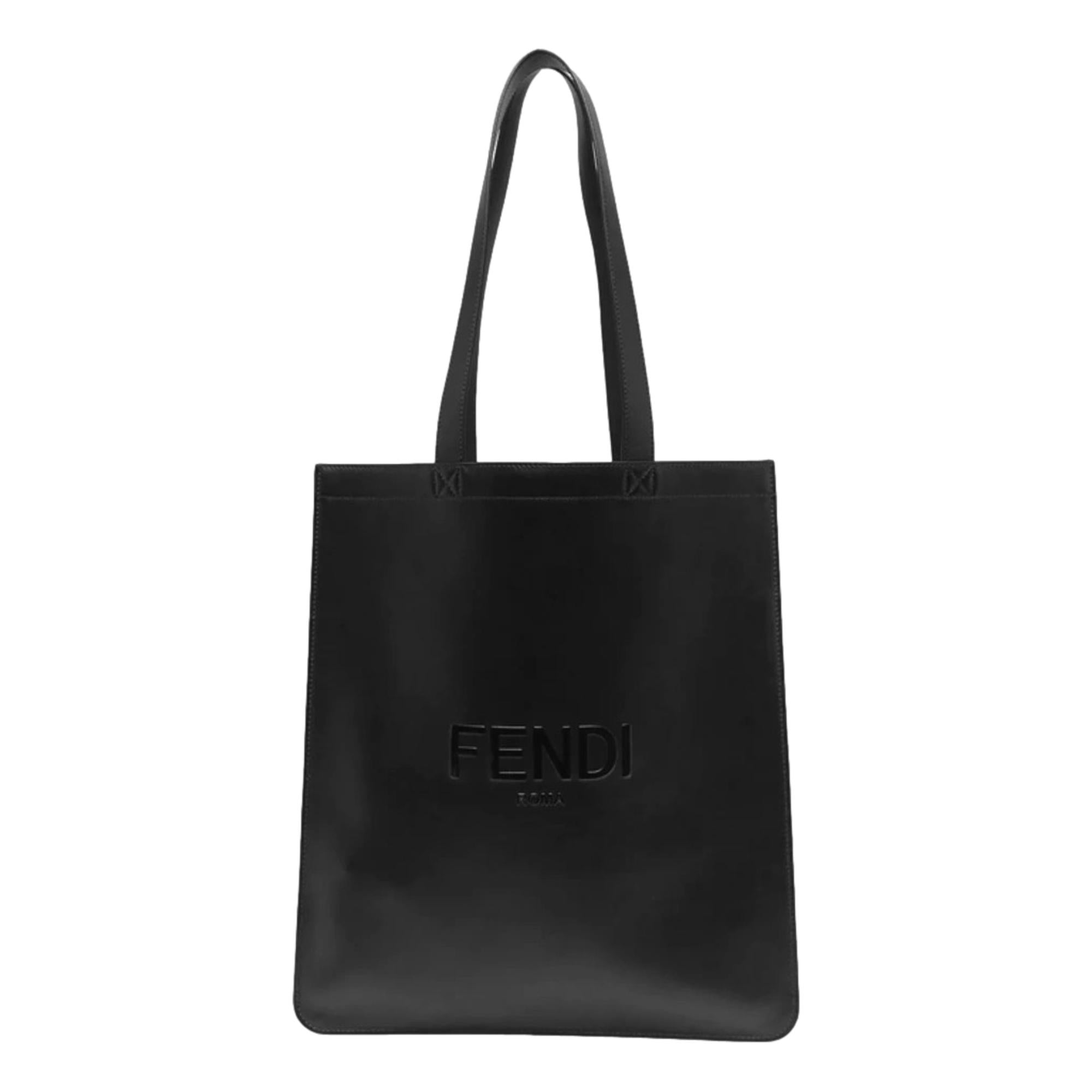 Fendi Roma Embossed Logo Black Calf Leather Large Shopping Tote Bag available at Queen Bee of Beverly Hills