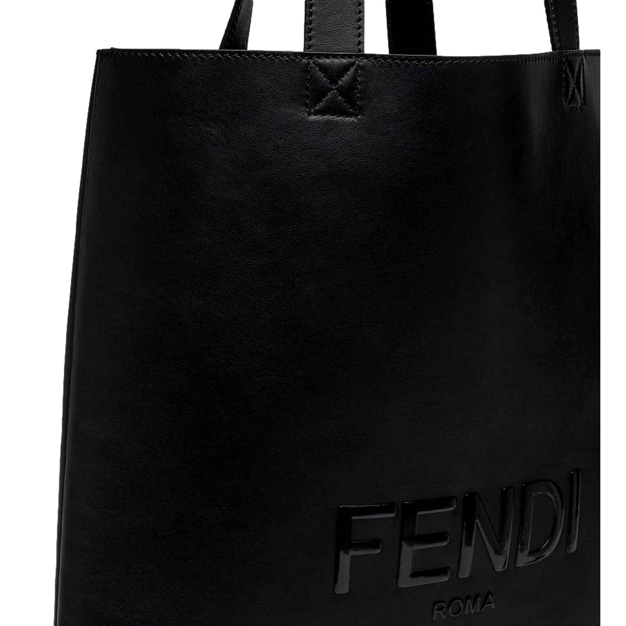 Fendi Roma Embossed Logo Black Calf Leather Large Shopping Tote Bag available at Queen Bee of Beverly Hills