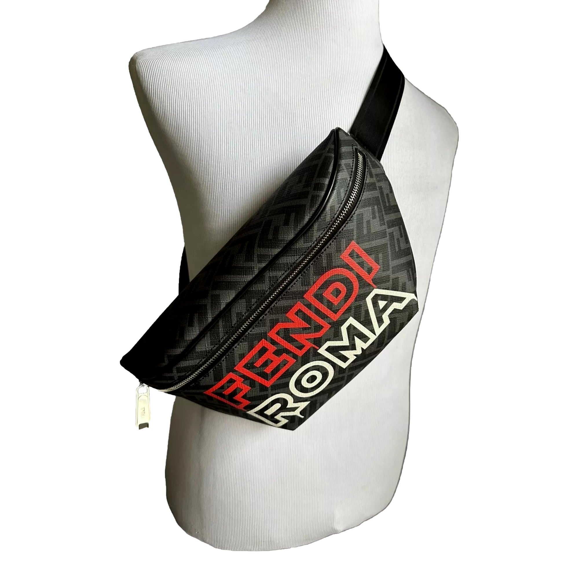 Fendi Roma Fendigraphy Nero and Rosso Leather Belt Bag available at Queen Bee of Beverly Hills