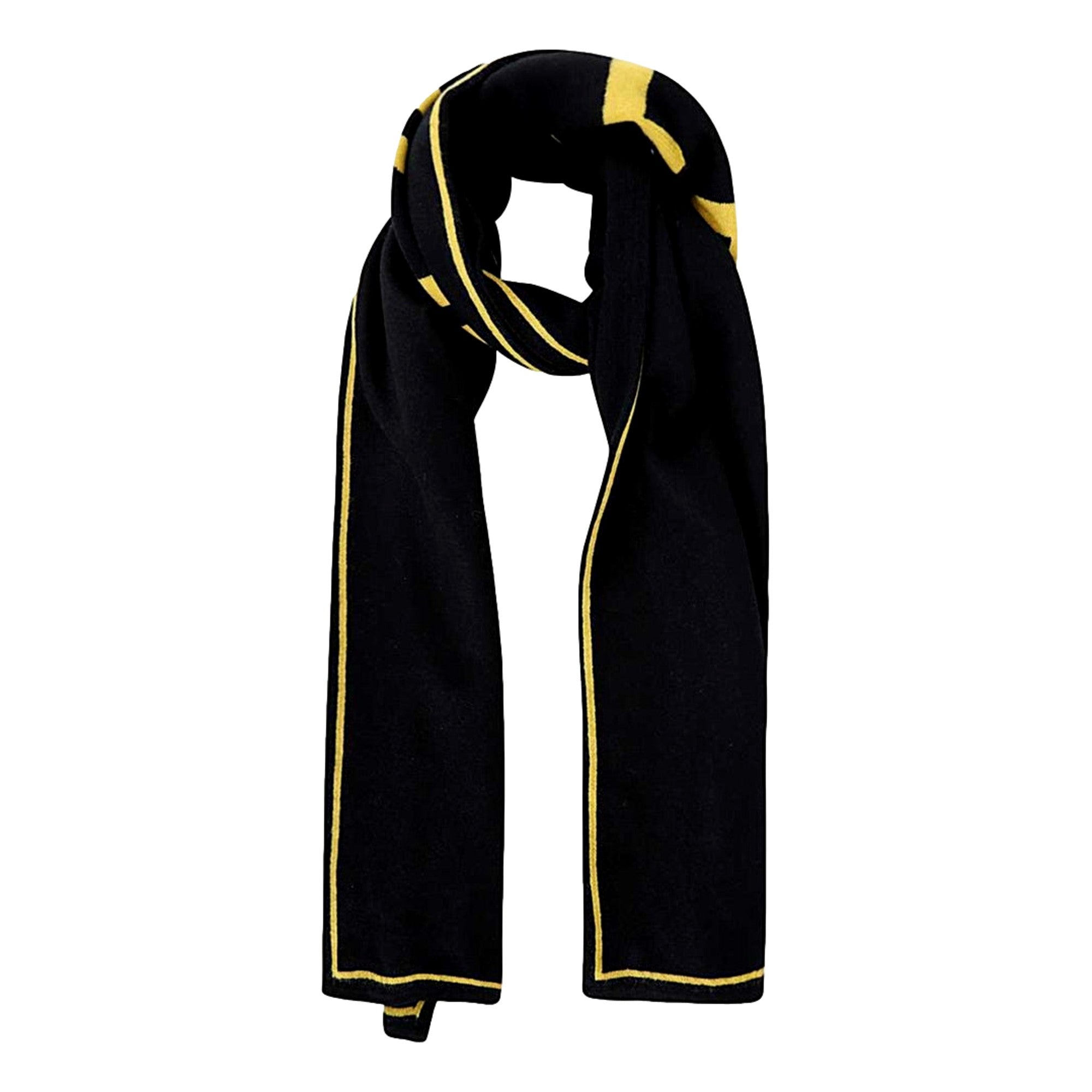 Fendi Roma Knitted Wool Cashmere Black Yellow Logo Scarf available at Queen Bee of Beverly Hills