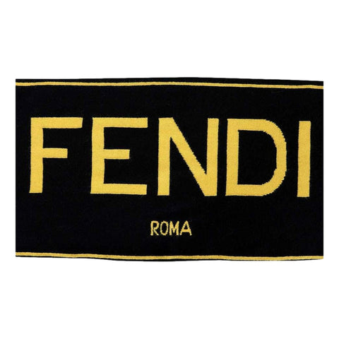 Fendi Roma Knitted Wool Cashmere Black Yellow Logo Scarf available at Queen Bee of Beverly Hills