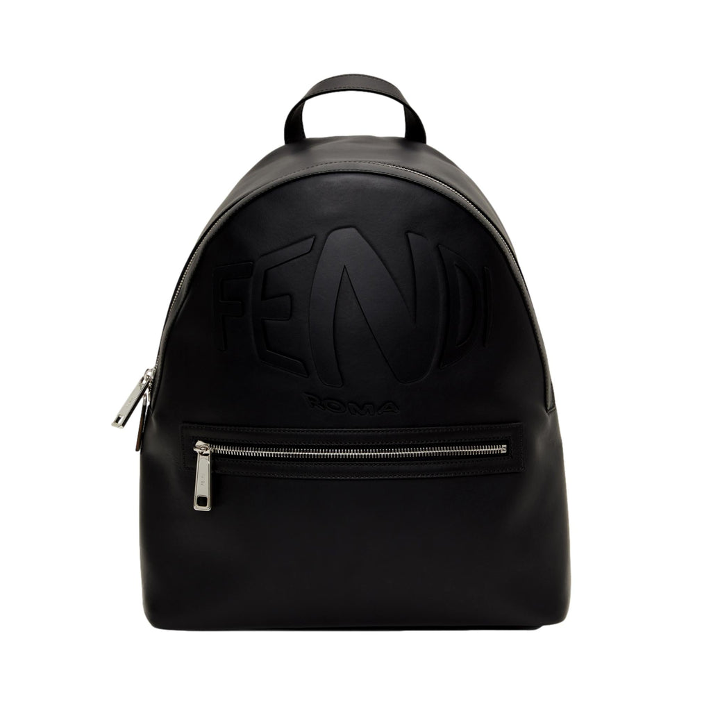 Fendi Roma Warped Logo Black Leather Backpack 7VZ042 at_Queen_Bee_of_Beverly_Hills