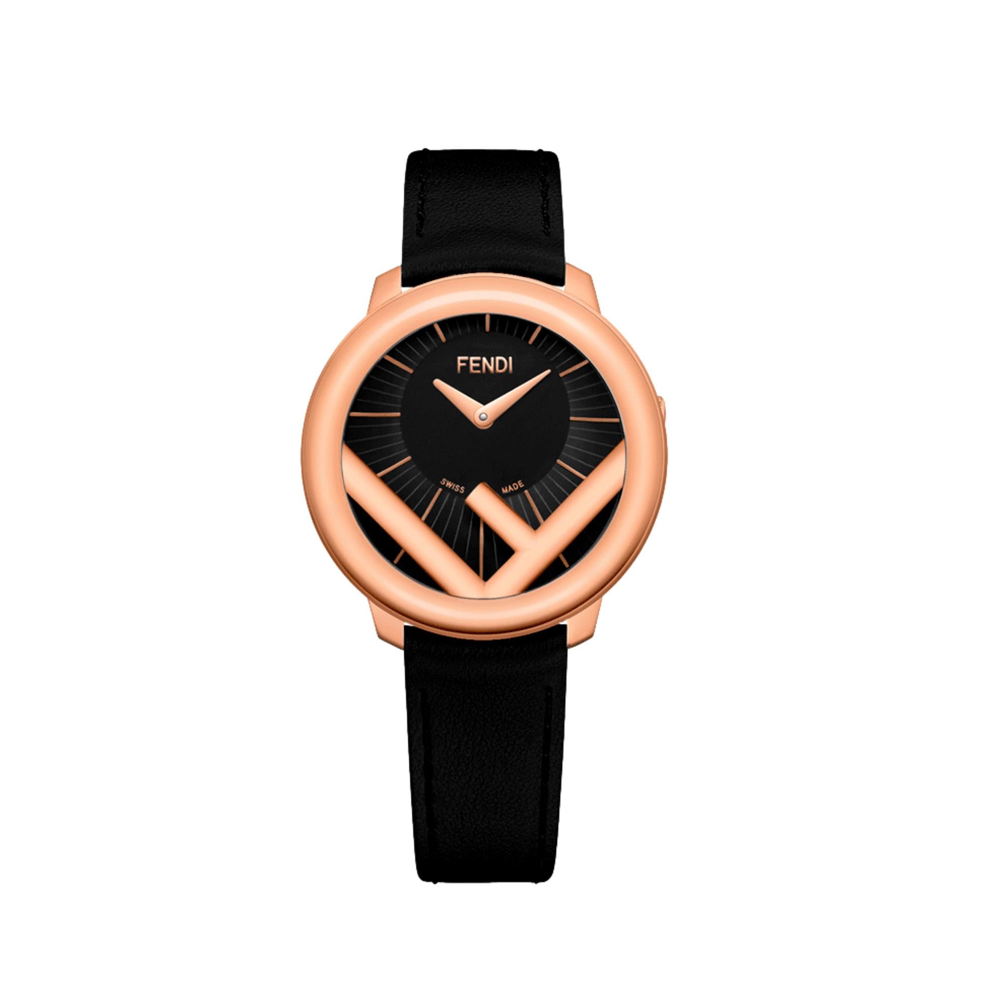 Fendi Run Away Rose Gold Black Calf Leather 36 MM Fashion Watch