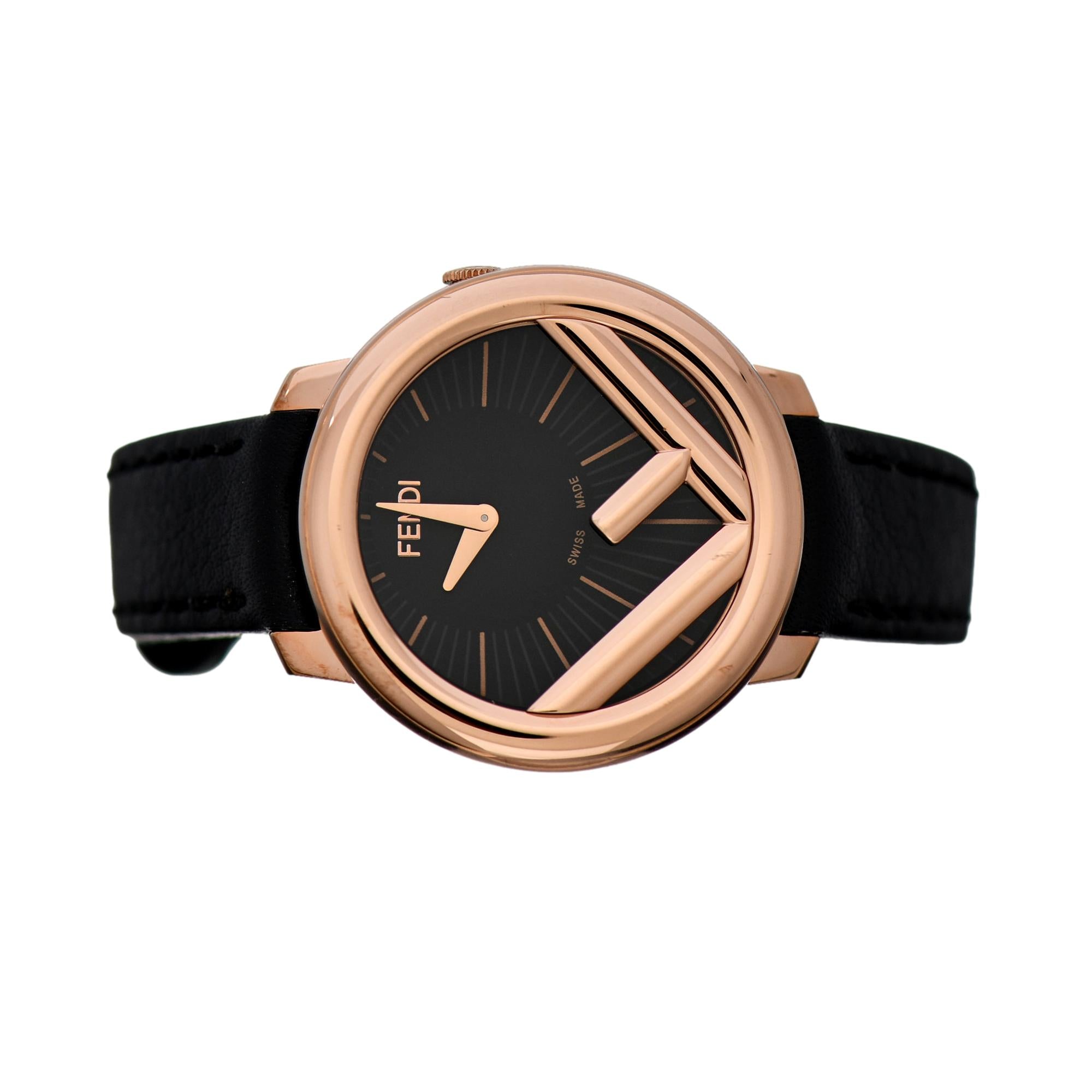 Fendi Runaway Rose Gold Black Calf Leather 36 MM Fashion Watch available at Queen Bee of Beverly Hills