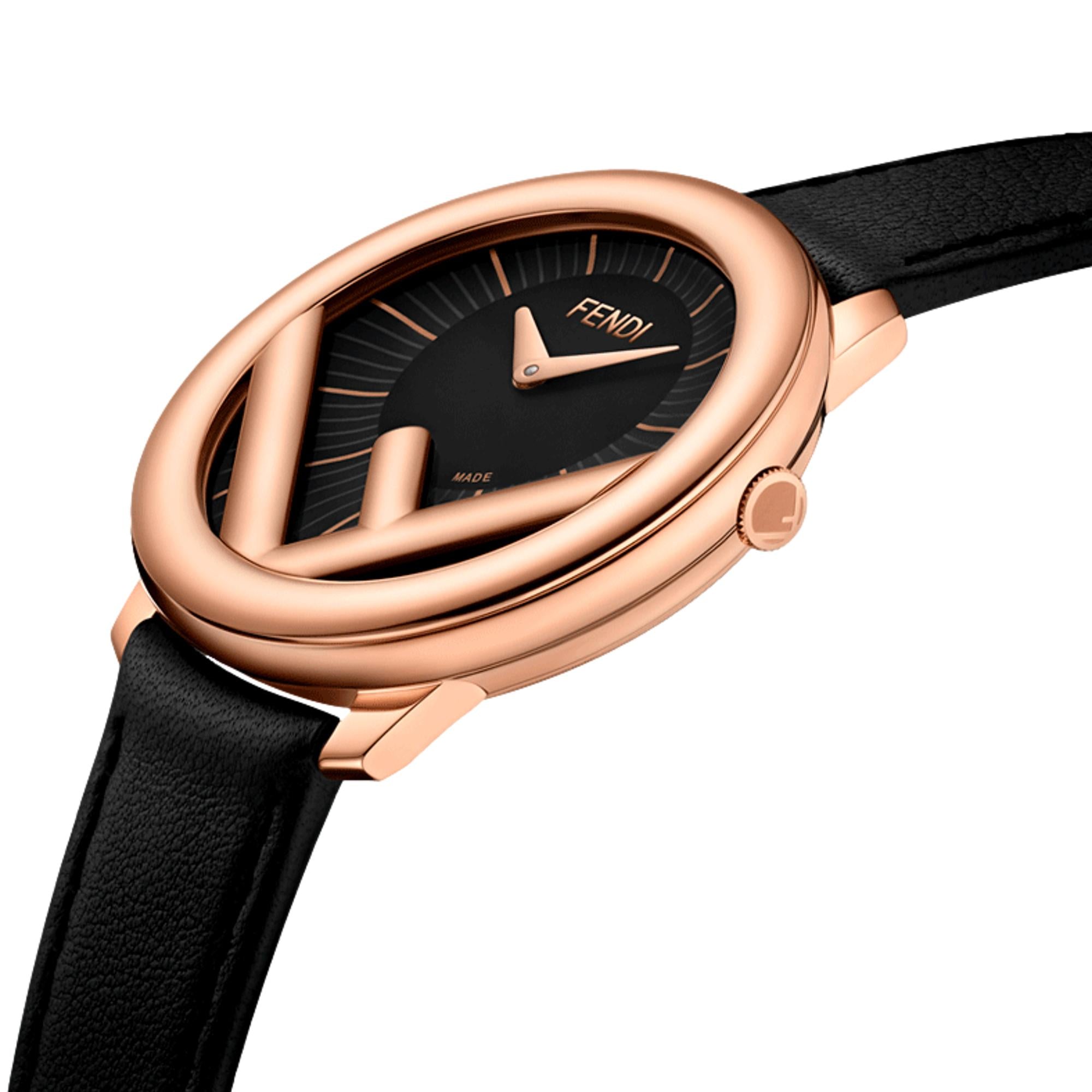 Fendi Runaway Rose Gold Black Calf Leather 36 MM Fashion Watch available at Queen Bee of Beverly Hills