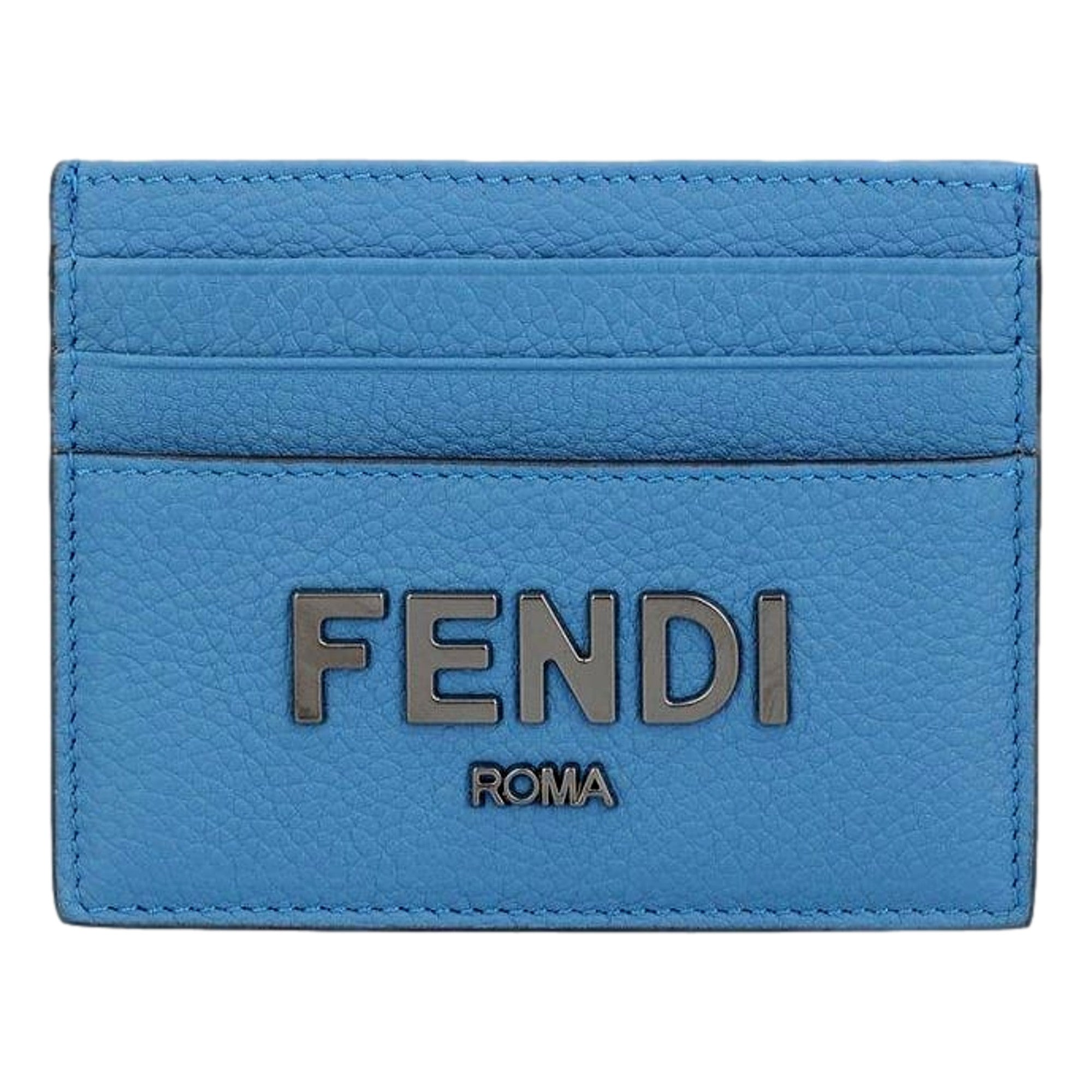 Fendi Signature Fiordaliso Blue Grained Leather Card Case Wallet available at Queen Bee of Beverly Hills