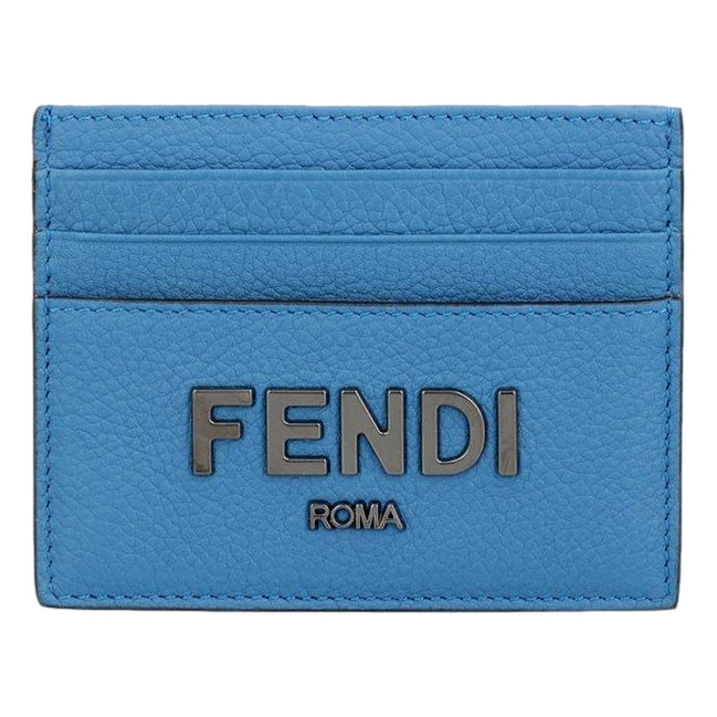 Fendi Signature Fiordaliso Blue Grained Leather Card Case Wallet available at Queen Bee of Beverly Hills