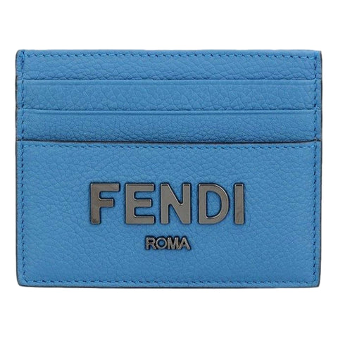 Fendi Signature Fiordaliso Blue Grained Leather Card Case Wallet available at Queen Bee of Beverly Hills