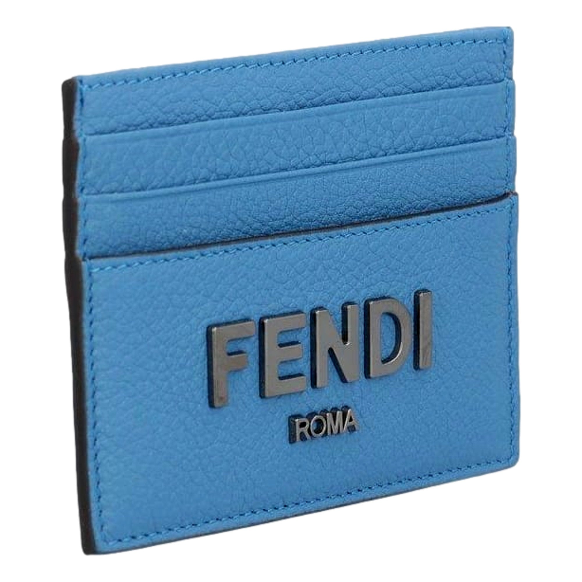 Fendi Signature Fiordaliso Blue Grained Leather Card Case Wallet available at Queen Bee of Beverly Hills