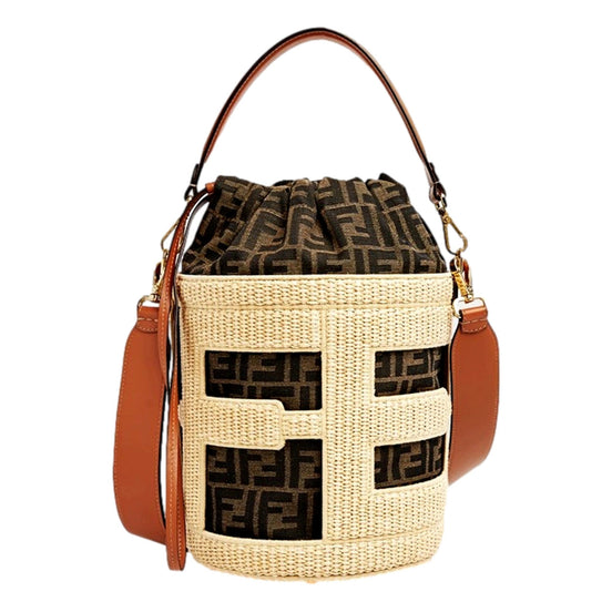 FENDI Step Out Bucket Bag Mini Canvas and Leather Zucca FF Logo available at Queen Bee of Beverly Hills