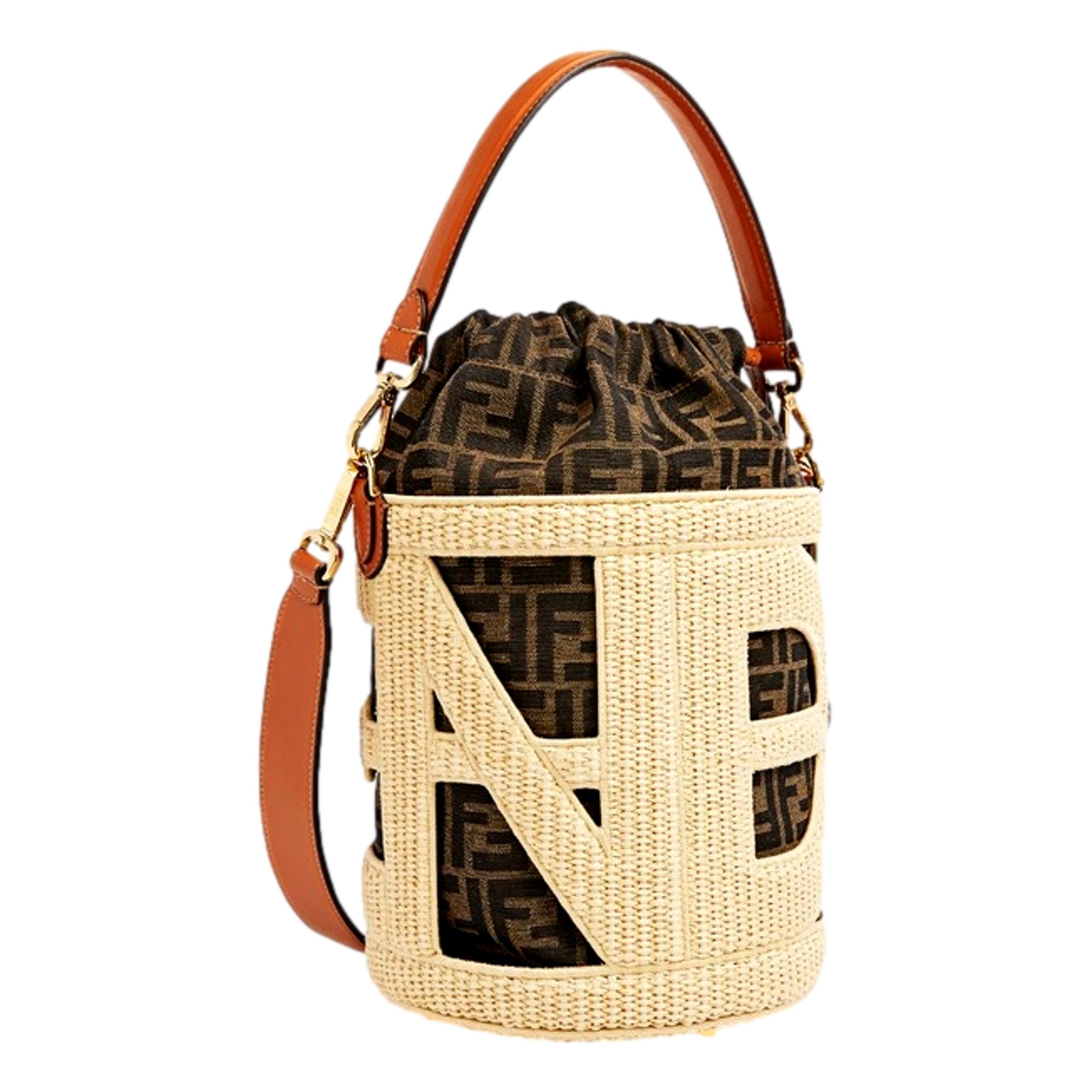 FENDI Step Out Bucket Bag Mini Canvas and Leather Zucca FF Logo available at Queen Bee of Beverly Hills