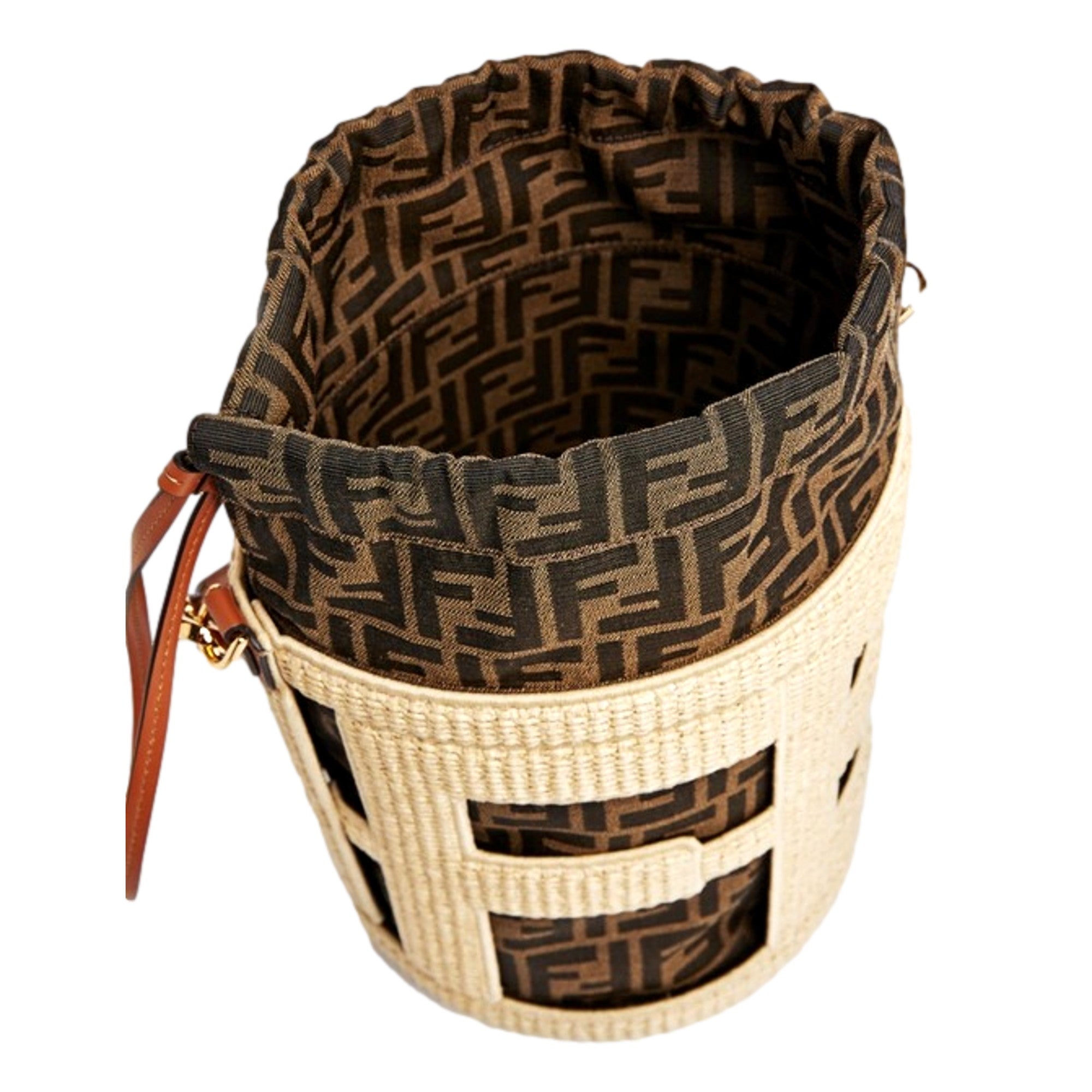 Fendi Step Out Straw and Canvas Medium Shoulder Bucket Bag available at Queen Bee of Beverly Hills