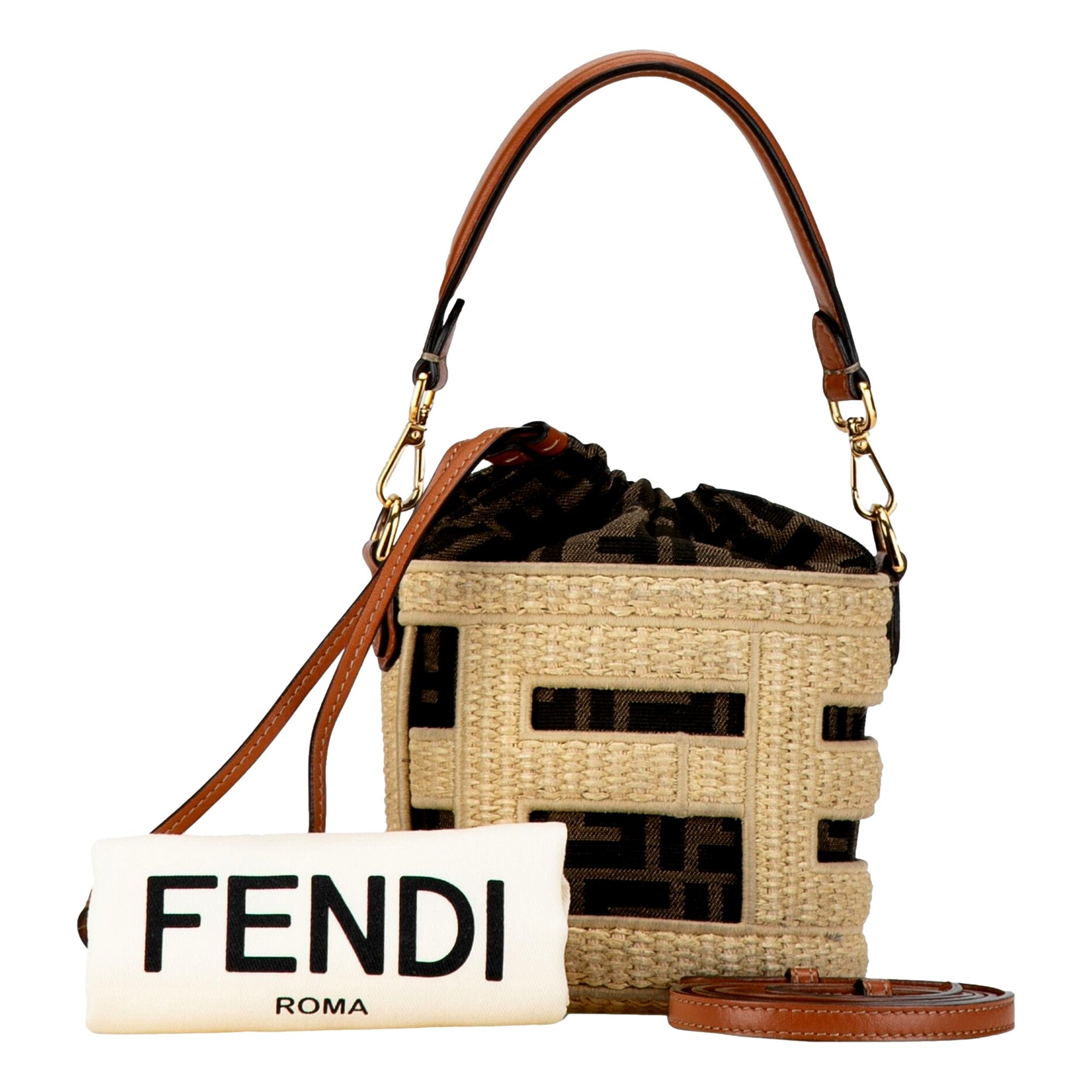 Fendi Step Out Straw and Canvas Medium Shoulder Bucket Bag available at Queen Bee of Beverly Hills