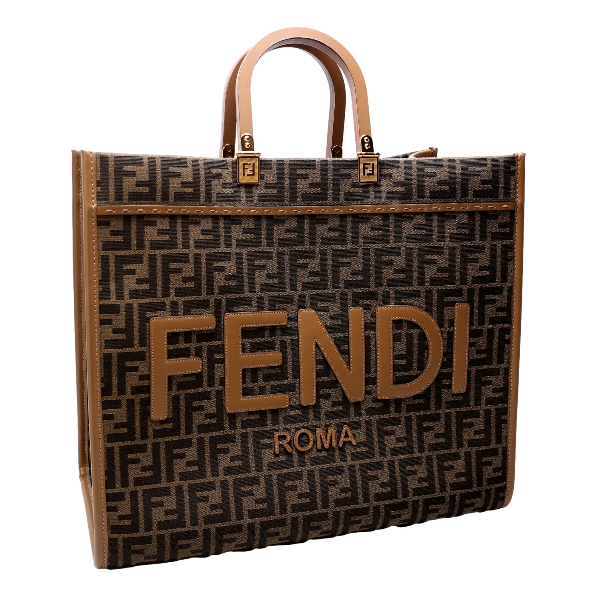 Fendi Sunshine Jacquard Canvas Leather Brown Zucca Large Tote available at Queen Bee of Beverly Hills