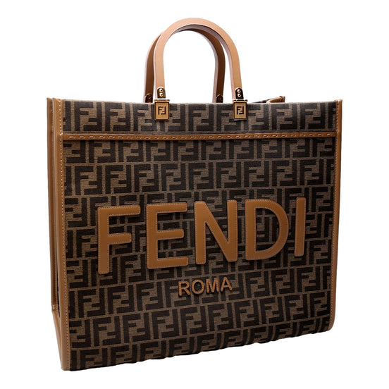 Fendi Sunshine Jacquard Canvas Leather Brown Zucca Large Tote available at Queen Bee of Beverly Hills