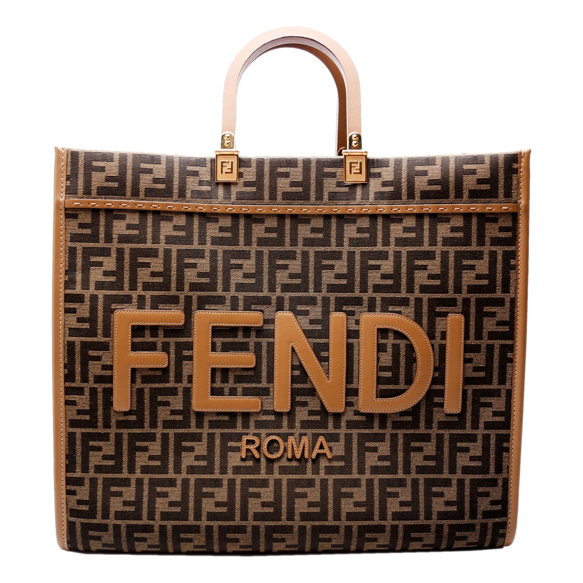 Fendi Sunshine Jacquard Canvas Leather Brown Zucca Large Tote available at Queen Bee of Beverly Hills