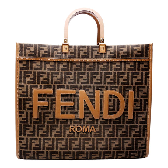Fendi Sunshine Jacquard Canvas Leather Brown Zucca Large Tote available at Queen Bee of Beverly Hills