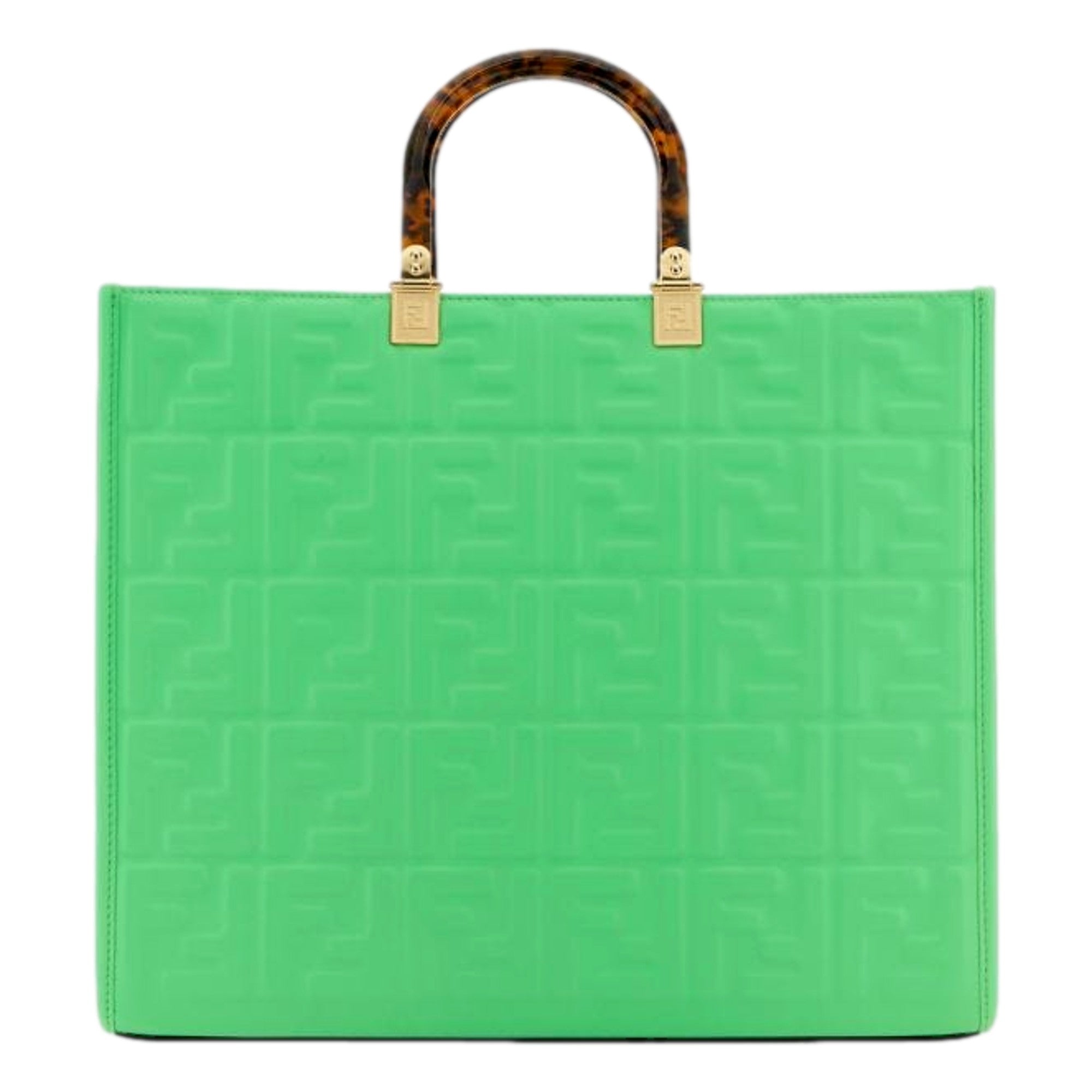 Fendi Sunshine Medium Plexi FF Embossed Leather Tote Edamame Green available at Queen Bee of Beverly Hills