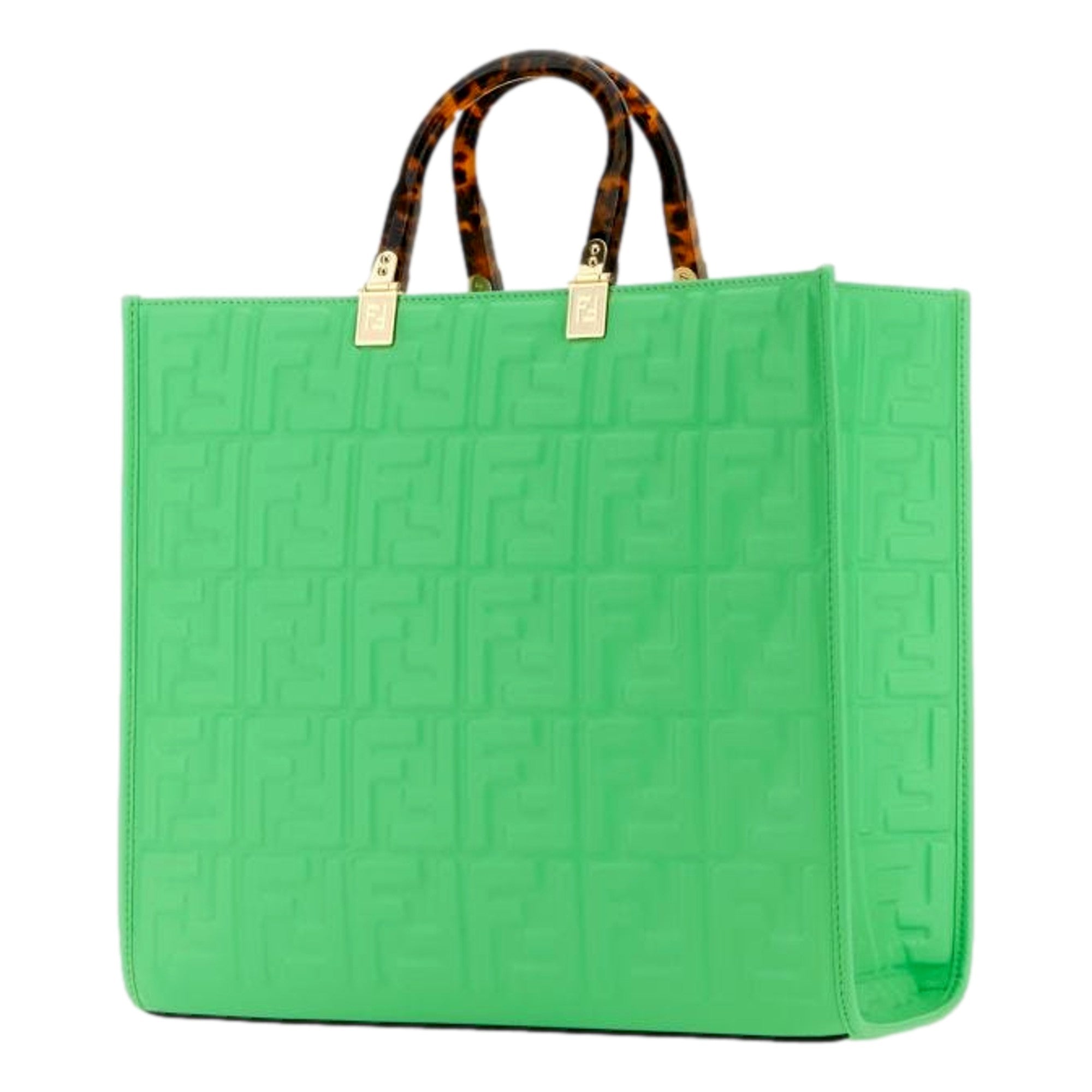 Fendi Sunshine Medium Plexi FF Embossed Leather Tote Edamame Green available at Queen Bee of Beverly Hills