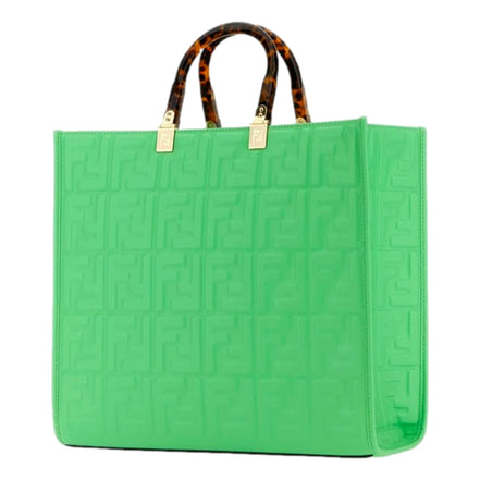 Fendi Sunshine Medium Plexi FF Embossed Leather Tote Edamame Green available at Queen Bee of Beverly Hills