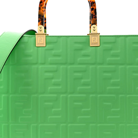 Fendi Sunshine Medium Plexi FF Embossed Leather Tote Edamame Green available at Queen Bee of Beverly Hills