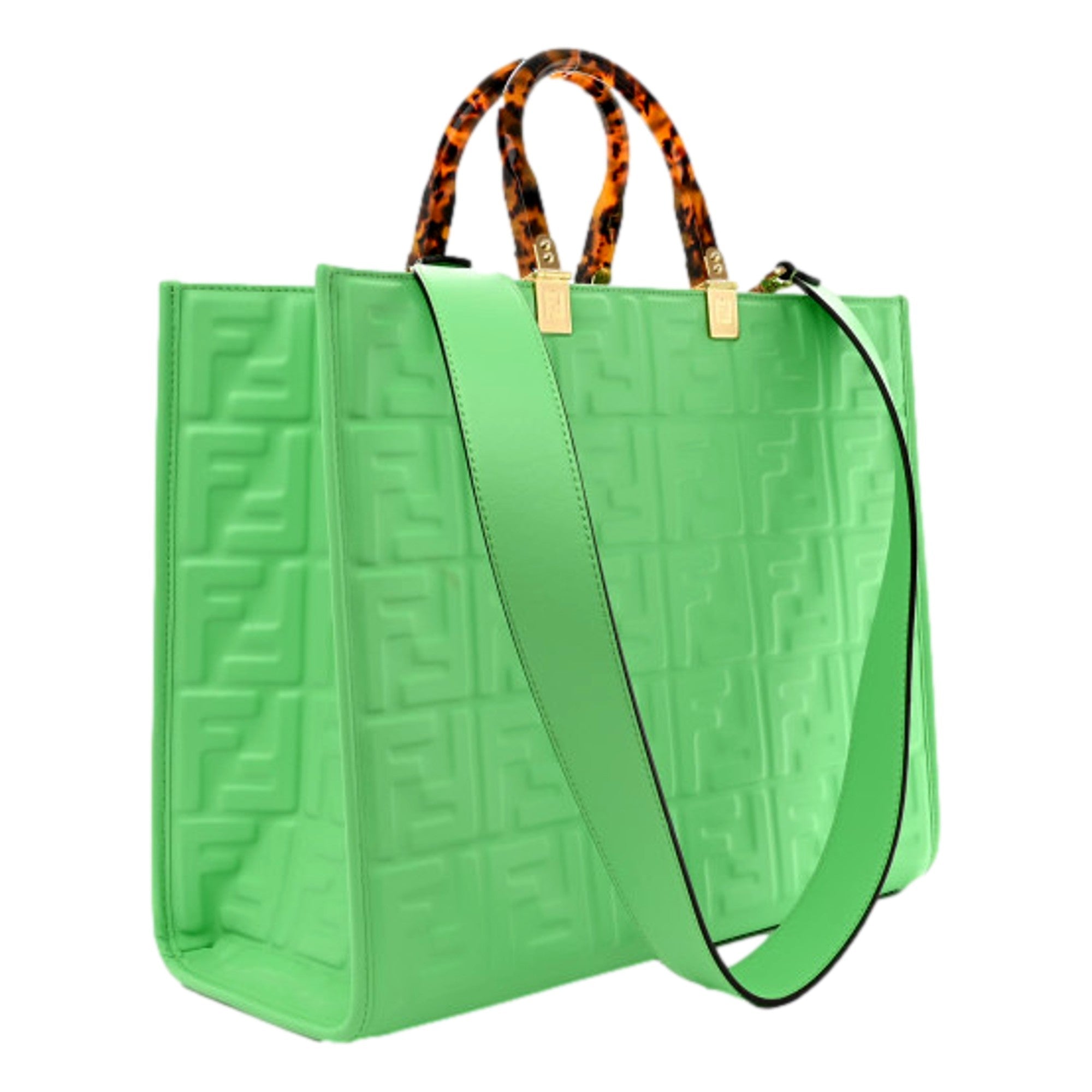 Fendi Sunshine Medium Plexi FF Embossed Leather Tote Edamame Green available at Queen Bee of Beverly Hills