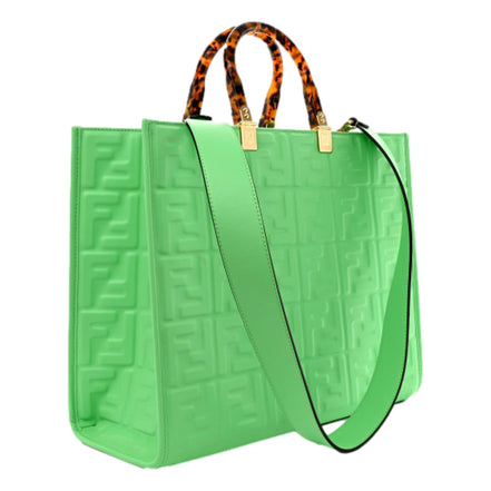 Fendi Sunshine Medium Plexi FF Embossed Leather Tote Edamame Green available at Queen Bee of Beverly Hills