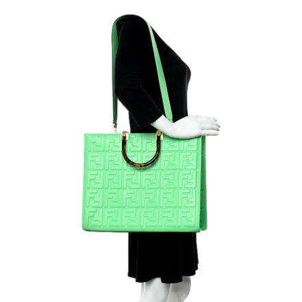 Fendi Sunshine Medium Plexi FF Embossed Leather Tote Edamame Green available at Queen Bee of Beverly Hills