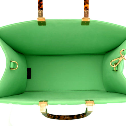Fendi Sunshine Medium Plexi FF Embossed Leather Tote Edamame Green available at Queen Bee of Beverly Hills