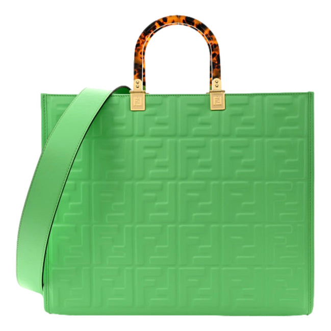 Fendi Sunshine Medium Plexi FF Embossed Leather Tote Edamame Green available at Queen Bee of Beverly Hills