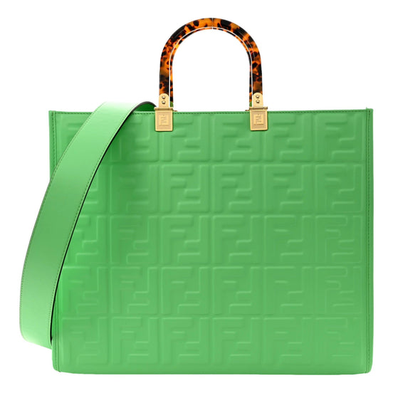 Fendi Sunshine Medium Plexi FF Embossed Leather Tote Edamame Green available at Queen Bee of Beverly Hills
