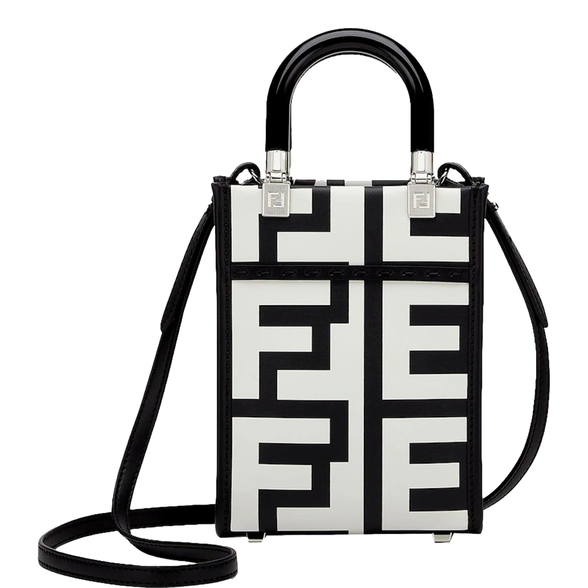 Fendi Sunshine Nero and Blanco Calfskin Leather Mini Bag available at Queen Bee of Beverly Hills