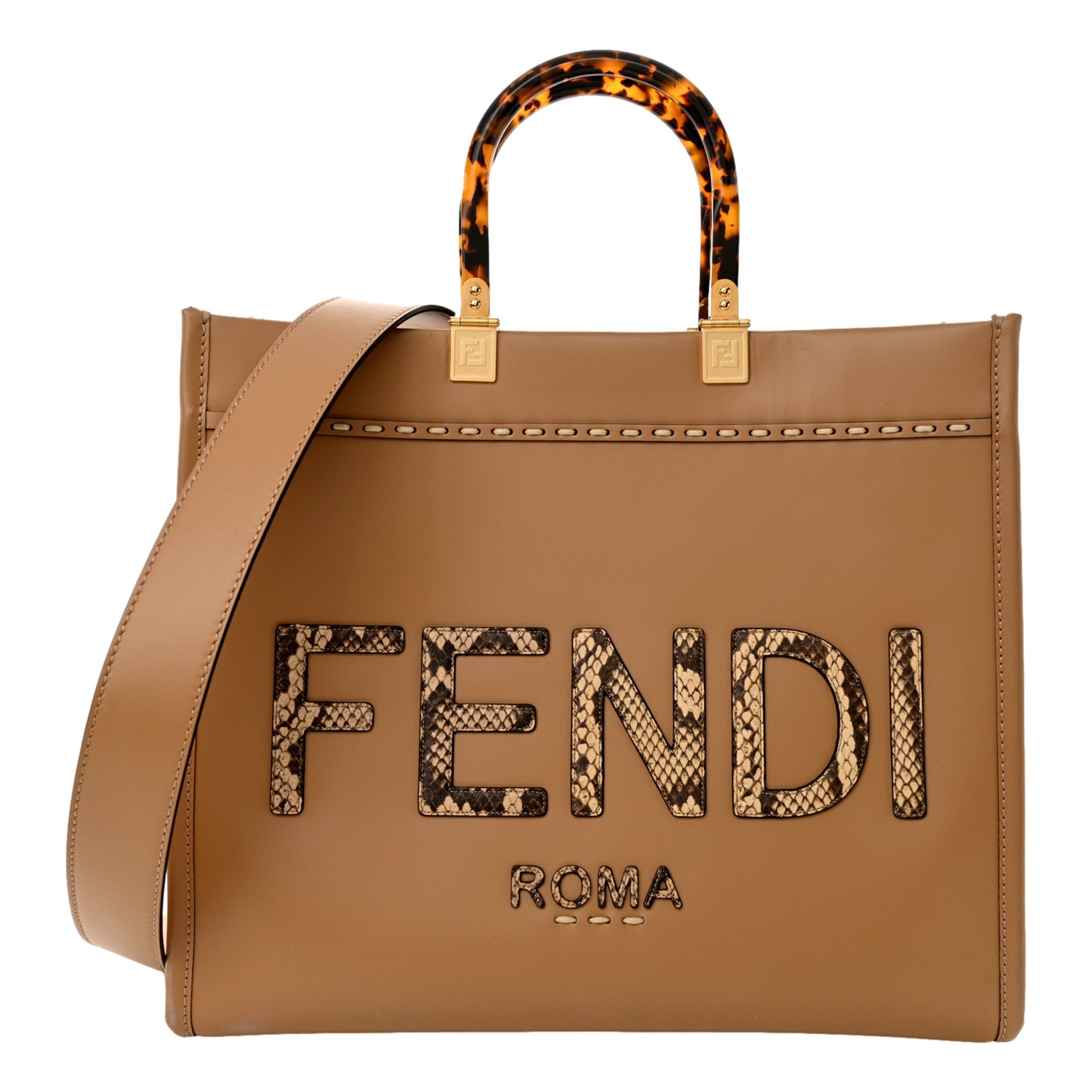 Fendi Sunshine Tan Leather Snake Print Logo Large Tote available at Queen Bee of Beverly Hills