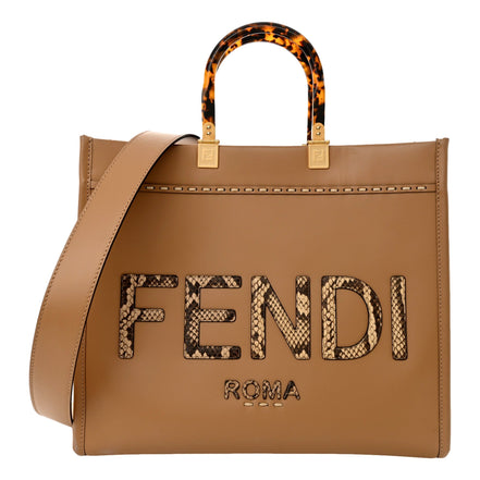 Fendi Sunshine Tan Leather Snake Print Logo Large Tote available at Queen Bee of Beverly Hills