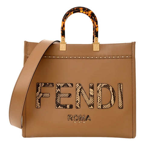 Fendi Sunshine Tan Leather Snake Print Logo Large Tote available at Queen Bee of Beverly Hills
