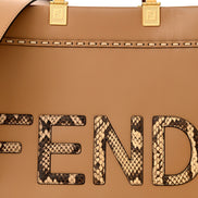 Fendi Sunshine Tan Leather Snake Print Logo Large Tote available at Queen Bee of Beverly Hills