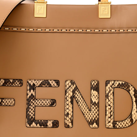 Fendi Sunshine Tan Leather Snake Print Logo Large Tote available at Queen Bee of Beverly Hills