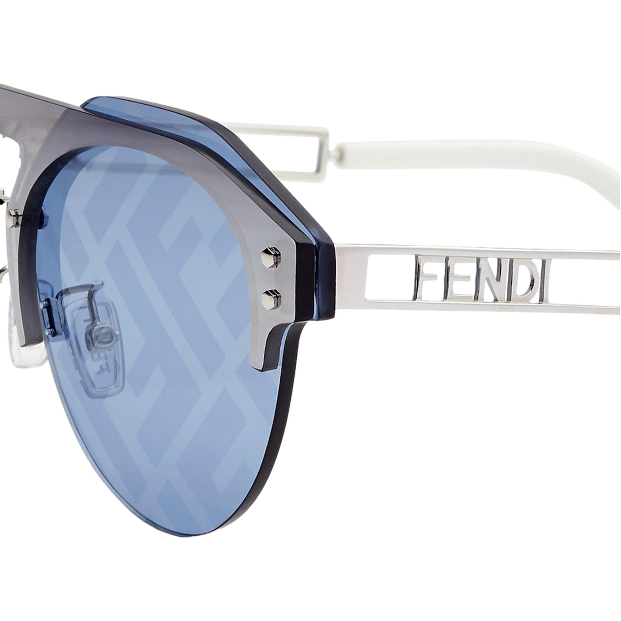 Fendi Technicolour Blue FF Print Lenses Palladium Pilot Frame Sunglasses available at Queen Bee of Beverly Hills